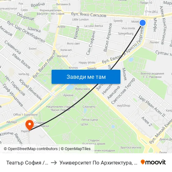 Ⓜ️ Театър София / Sofia Theatre (1724) to Университет По Архитектура, Строителство И Геодезия - Ректорат map