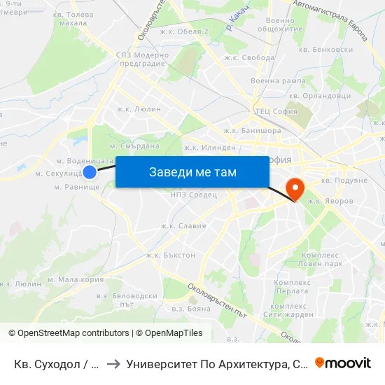 Кв. Суходол / Suhodol Qr.  (1173) to Университет По Архитектура, Строителство И Геодезия - Ректорат map