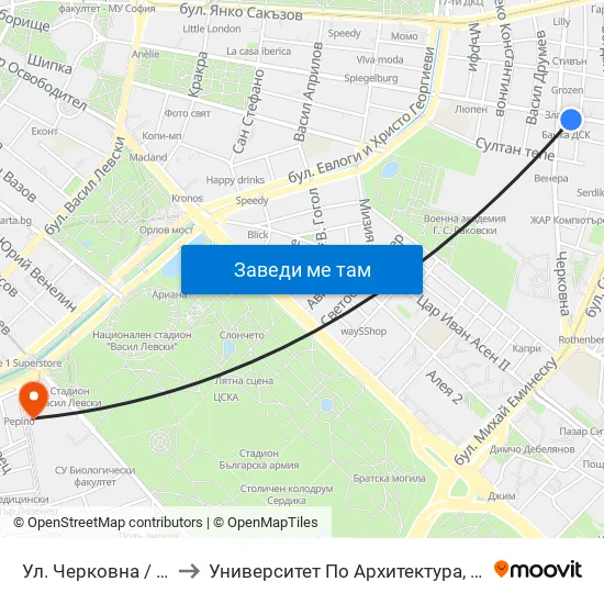 Ул. Черковна / Cherkovna St. (2258) to Университет По Архитектура, Строителство И Геодезия - Ректорат map