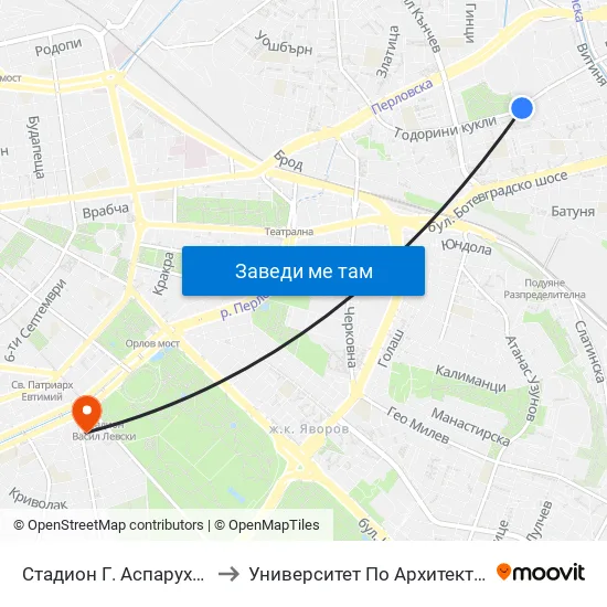 Стадион Г. Аспарухов / G. Asparuhov Stadium (1612) to Университет По Архитектура, Строителство И Геодезия - Ректорат map