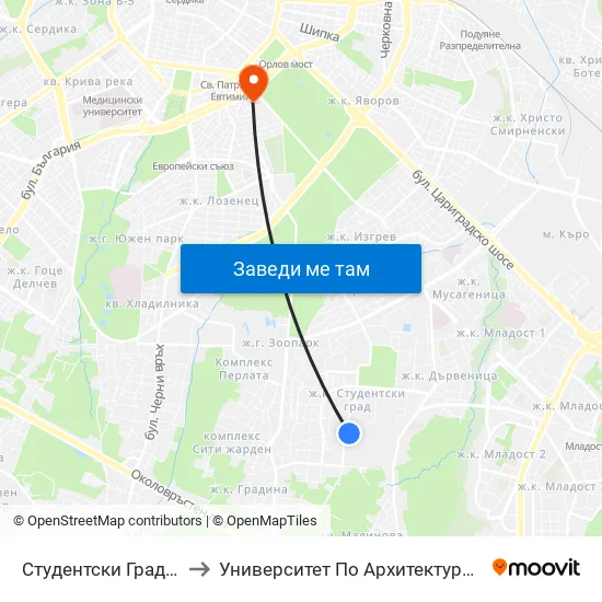 Студентски Град / Students' Town (1694) to Университет По Архитектура, Строителство И Геодезия - Ректорат map