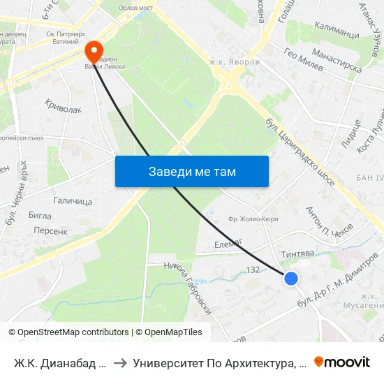 Ж.К. Дианабад / Dianabad Qr. (0627) to Университет По Архитектура, Строителство И Геодезия - Ректорат map