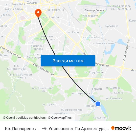 Кв. Панчарево / Pancharevo Qr. (1244) to Университет По Архитектура, Строителство И Геодезия - Ректорат map