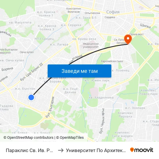 Параклис Св. Ив. Рилски / St. Ivan Rilski Chapel (1245) to Университет По Архитектура, Строителство И Геодезия - Ректорат map