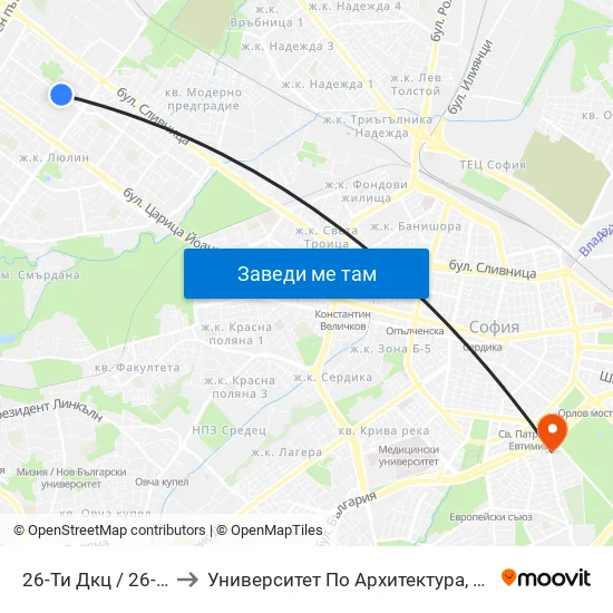 26-Ти Дкц / 26-Th Polyclinic (0021) to Университет По Архитектура, Строителство И Геодезия - Ректорат map