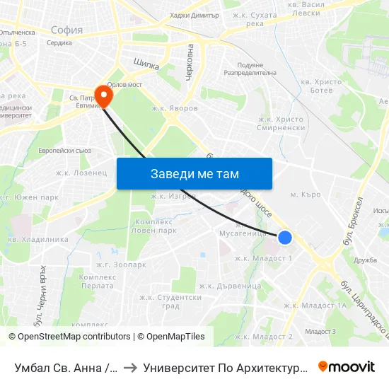 Умбал Св. Анна / St. Anna Hospital (1195) to Университет По Архитектура, Строителство И Геодезия - Ректорат map