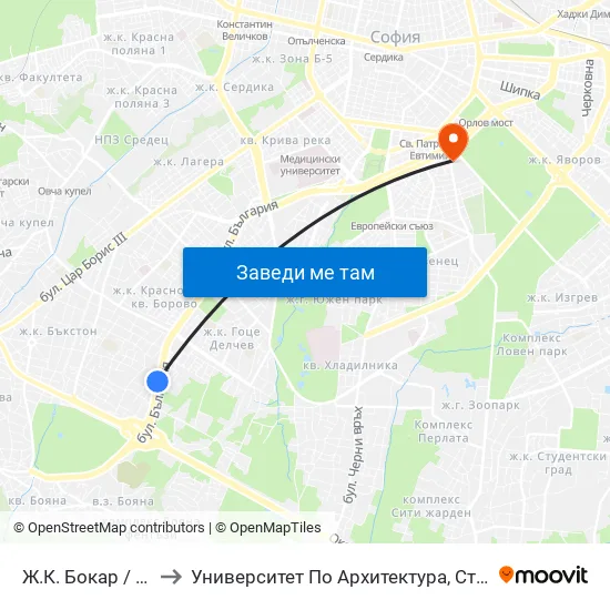Ж.К. Бокар / Bokar Qr. (2689) to Университет По Архитектура, Строителство И Геодезия - Ректорат map