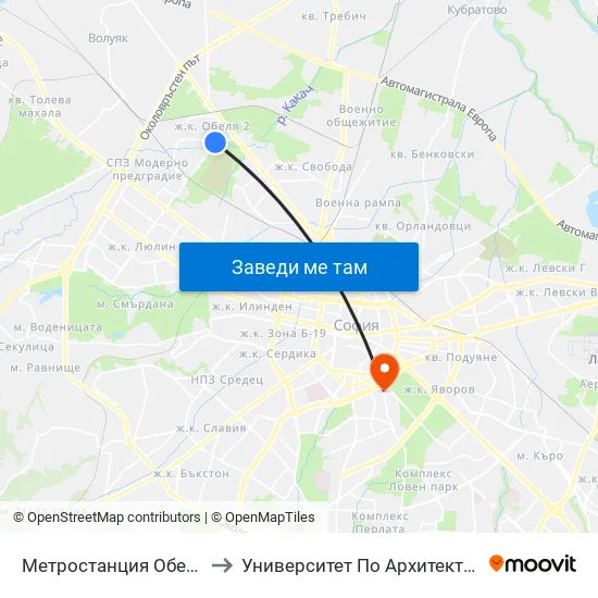 Ⓜ️ Метростанция Обеля / Obelya Metro Station (0060) to Университет По Архитектура, Строителство И Геодезия - Ректорат map