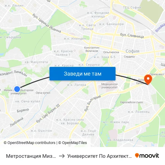 Ⓜ️ Метростанция Мизия / Moesia Metro Station (0361) to Университет По Архитектура, Строителство И Геодезия - Ректорат map