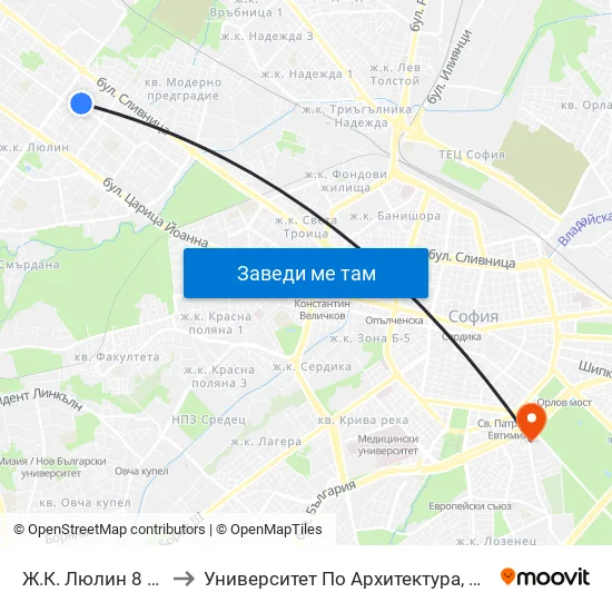Ж.К. Люлин 8 / Lyulin 8 Qr. (2397) to Университет По Архитектура, Строителство И Геодезия - Ректорат map
