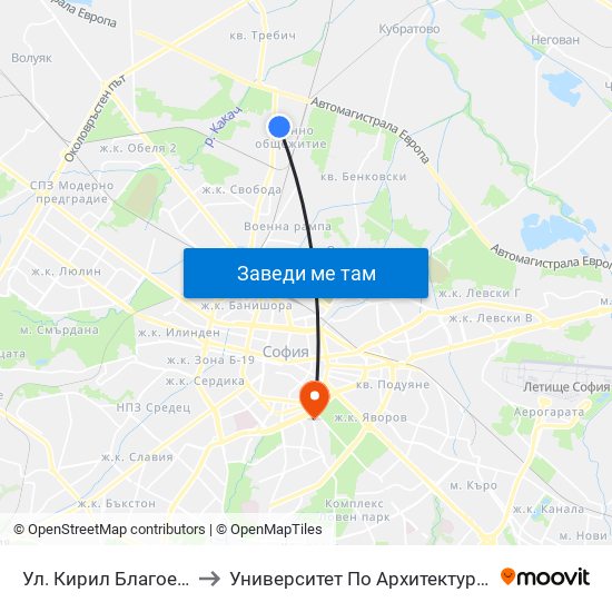 Ул. Кирил Благоев / Kiril Blagoev St. (1987) to Университет По Архитектура, Строителство И Геодезия - Ректорат map