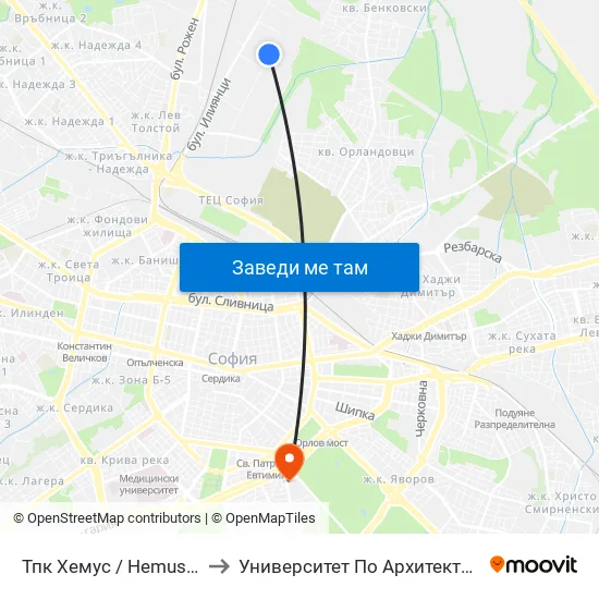 Тпк Хемус / Hemus Productive Cooperation (1762) to Университет По Архитектура, Строителство И Геодезия - Ректорат map