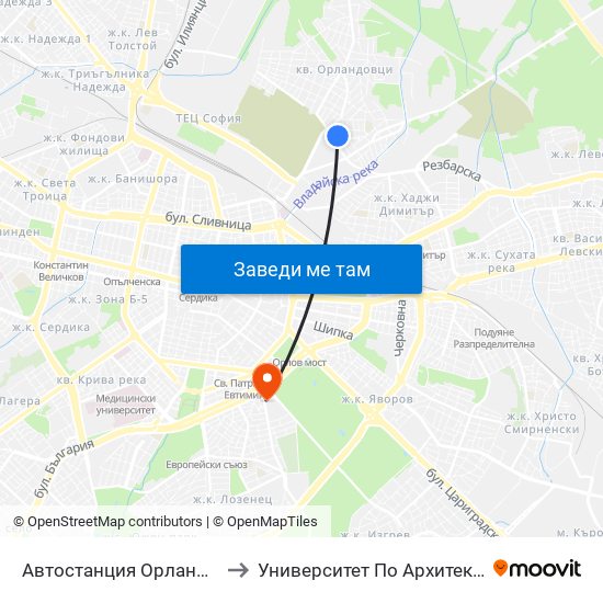 Автостанция Орландовци / Orlandovtsi Bus Station (0062) to Университет По Архитектура, Строителство И Геодезия - Ректорат map