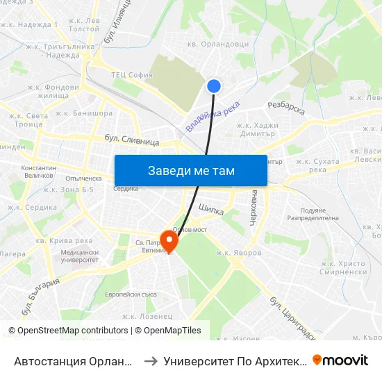 🚌 Автостанция Орландовци / Orlandovtsi Bus Station (0062) to Университет По Архитектура, Строителство И Геодезия - Ректорат map
