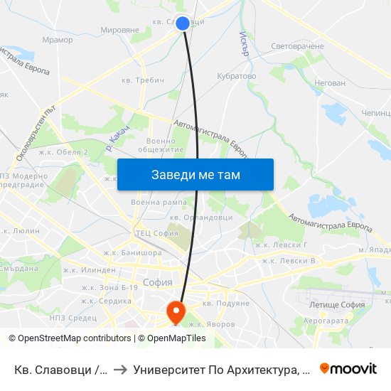 Кв. Славовци / Slavovtsi Qr. (0904) to Университет По Архитектура, Строителство И Геодезия - Ректорат map