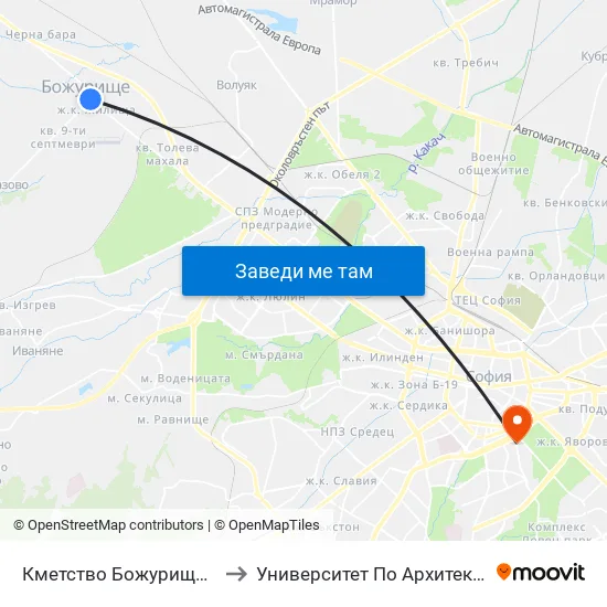 Кметство Божурище / Municipality Of Bozhurishte (0934) to Университет По Архитектура, Строителство И Геодезия - Ректорат map