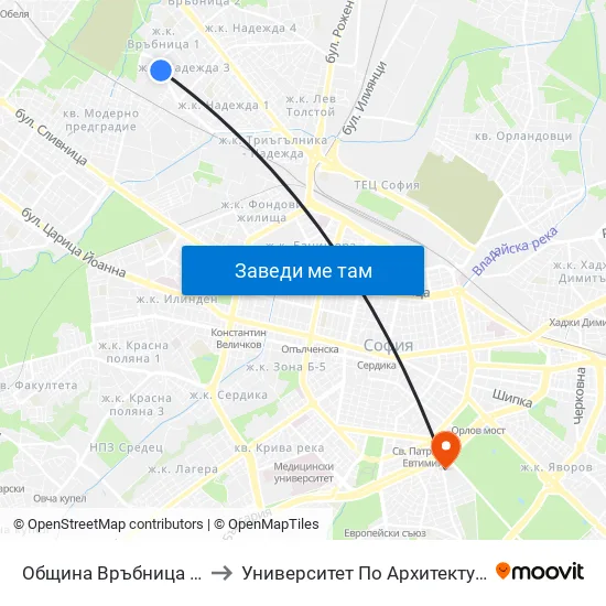 Община Връбница / Vrabnitsa Municipality (0676) to Университет По Архитектура, Строителство И Геодезия - Ректорат map