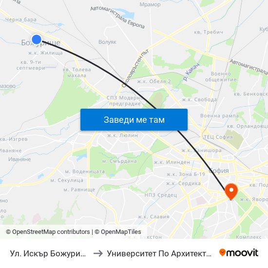 Ул. Искър Божурище / Iskar St. Bozhurishte(2604) to Университет По Архитектура, Строителство И Геодезия - Ректорат map
