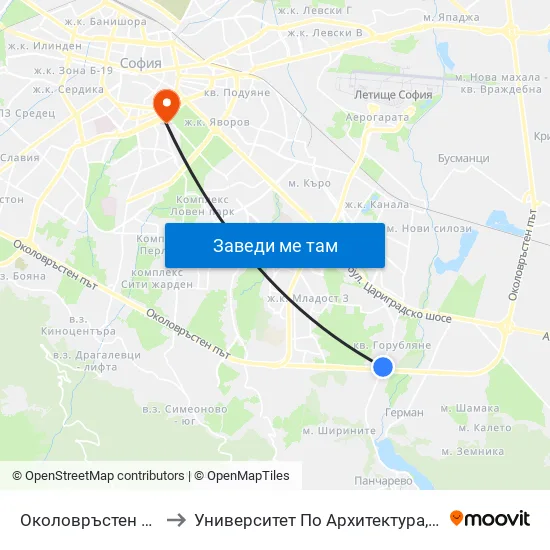 Околовръстен Път / Ring Road (1182) to Университет По Архитектура, Строителство И Геодезия - Ректорат map