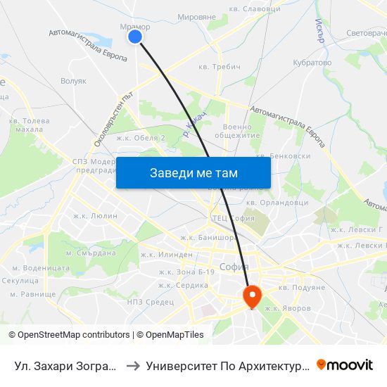 Ул. Захари Зограф / Zahari Zograf St. (2743) to Университет По Архитектура, Строителство И Геодезия - Ректорат map