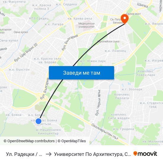 Ул. Радецки / Radetski St. (2153) to Университет По Архитектура, Строителство И Геодезия - Ректорат map