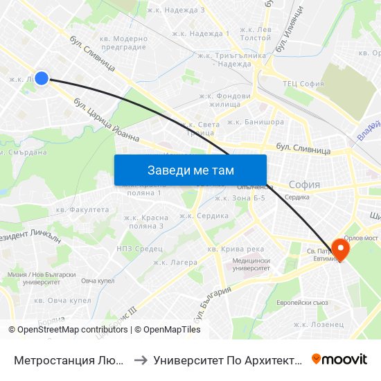 Метростанция Люлин / Lyulin Metro Station (1054) to Университет По Архитектура, Строителство И Геодезия - Ректорат map