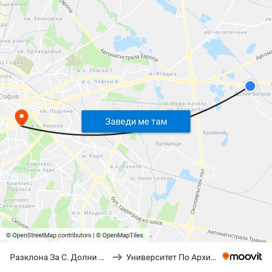 Разклона За С. Долни Богров / Fork Road To Dolni Bogrov Village (2512) to Университет По Архитектура, Строителство И Геодезия - Ректорат map
