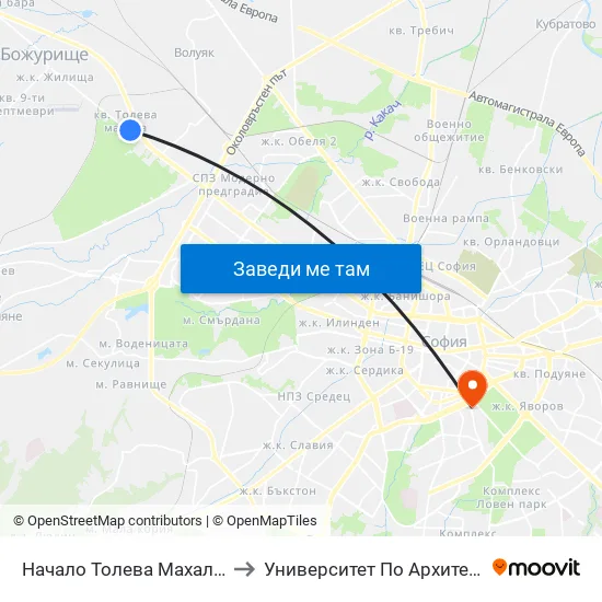 Начало Толева Махала / Entry To Toleva Neighbourhood (2501) to Университет По Архитектура, Строителство И Геодезия - Ректорат map