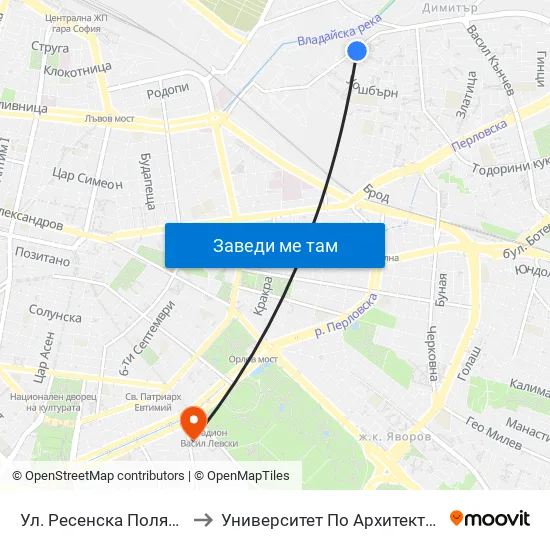 Ул. Ресенска Поляна / Resenska Polyana St. (2156) to Университет По Архитектура, Строителство И Геодезия - Ректорат map