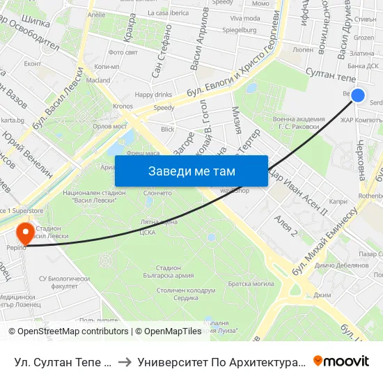 Ул. Султан Тепе / Sultan Tepe St. (2195) to Университет По Архитектура, Строителство И Геодезия - Ректорат map