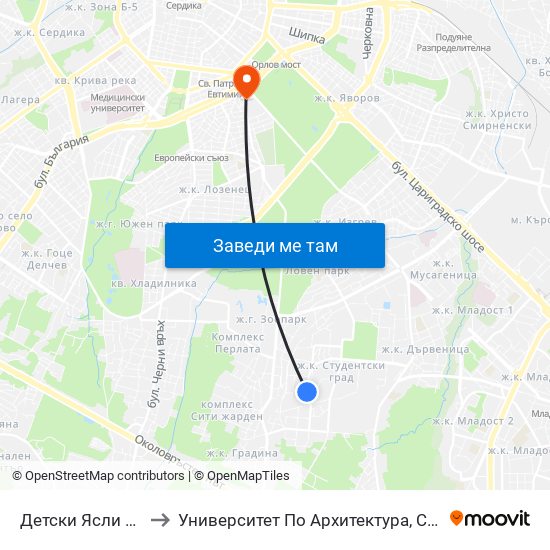 Детски Ясли / Nurseries (0533) to Университет По Архитектура, Строителство И Геодезия - Ректорат map