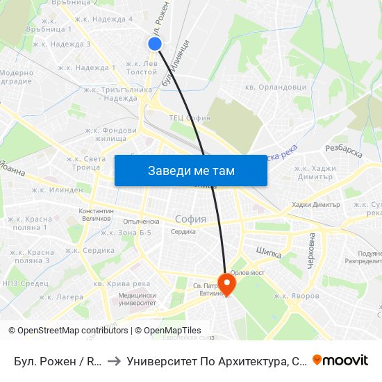 Бул. Рожен / Rozhen Blvd. (0547) to Университет По Архитектура, Строителство И Геодезия - Ректорат map