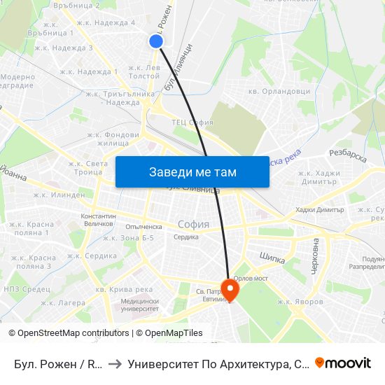 Бул. Рожен / Rozhen Blvd. (2575) to Университет По Архитектура, Строителство И Геодезия - Ректорат map