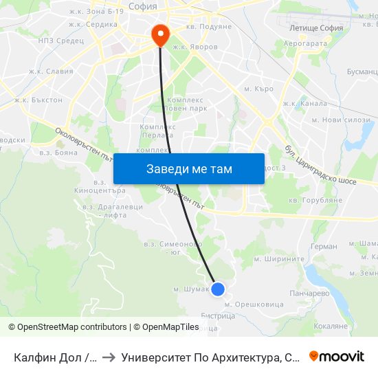 Калфин Дол / Kalfin Dol (2268) to Университет По Архитектура, Строителство И Геодезия - Ректорат map