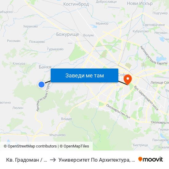 Кв. Градоман / Gradoman Qr. (0832) to Университет По Архитектура, Строителство И Геодезия - Ректорат map