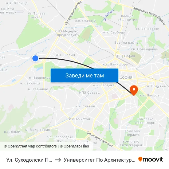 Ул. Суходолски Път / Suhodolski Pat (2199) to Университет По Архитектура, Строителство И Геодезия - Ректорат map
