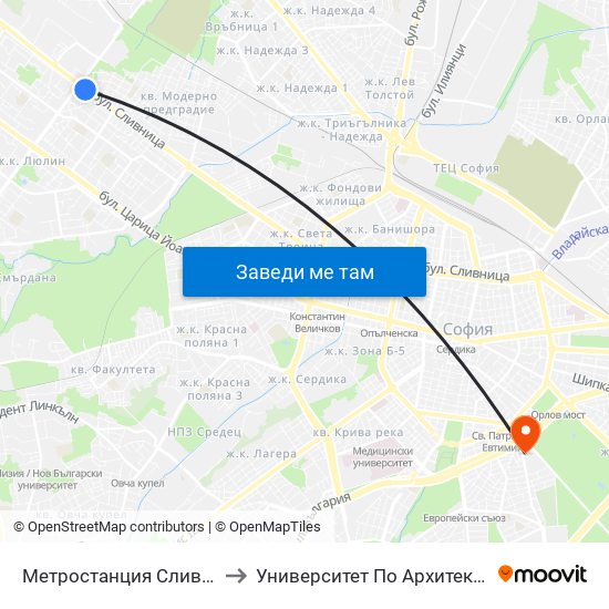 Метростанция Сливница / Slivnitsa Metro Station (1060) to Университет По Архитектура, Строителство И Геодезия - Ректорат map