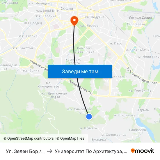 Ул. Зелен Бор / Zelen Bor St. (0259) to Университет По Архитектура, Строителство И Геодезия - Ректорат map