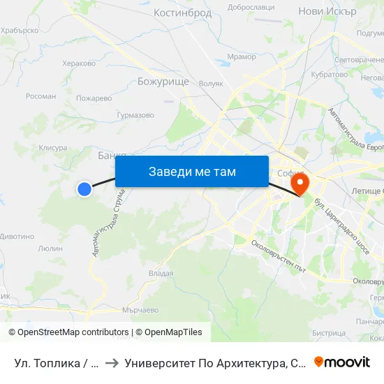 Ул. Топлика / Toplika St. (0870) to Университет По Архитектура, Строителство И Геодезия - Ректорат map