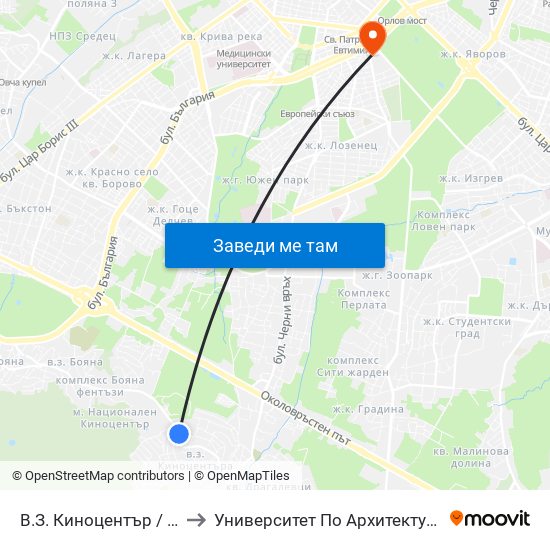 В.З. Киноцентър / Kinotsentar Villa Zone (0413) to Университет По Архитектура, Строителство И Геодезия - Ректорат map