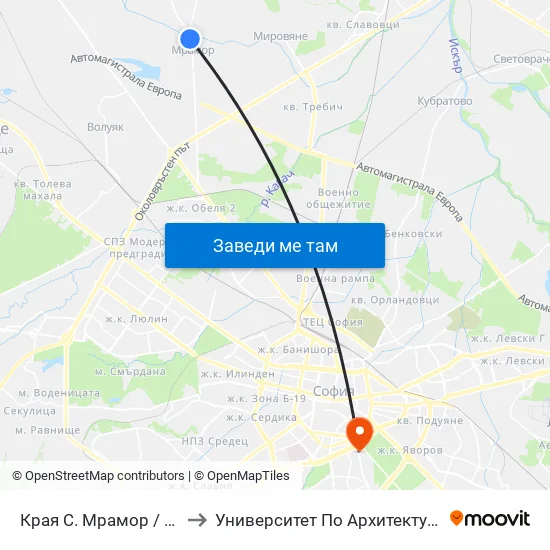 Края С. Мрамор / End Of Mramor Village (0439) to Университет По Архитектура, Строителство И Геодезия - Ректорат map