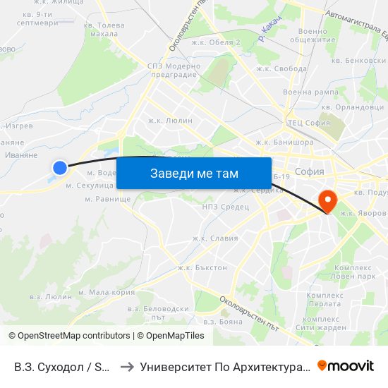 В.З. Суходол / Suhodol Villa Zone (0434) to Университет По Архитектура, Строителство И Геодезия - Ректорат map