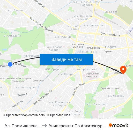 Ул. Промишлена / Promishlena St. (2140) to Университет По Архитектура, Строителство И Геодезия - Ректорат map