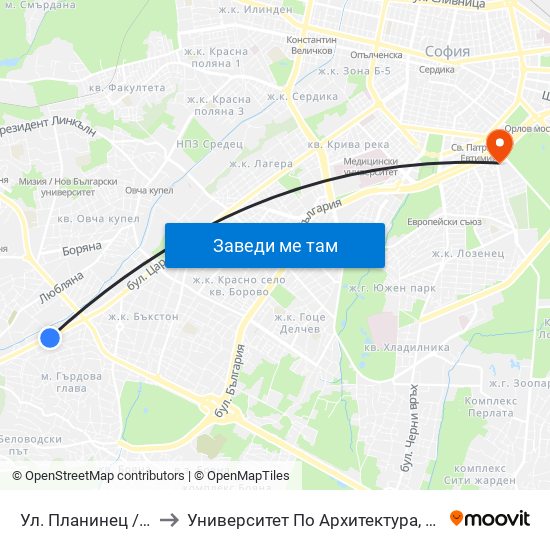 Ул. Планинец / Planinets St. (2104) to Университет По Архитектура, Строителство И Геодезия - Ректорат map