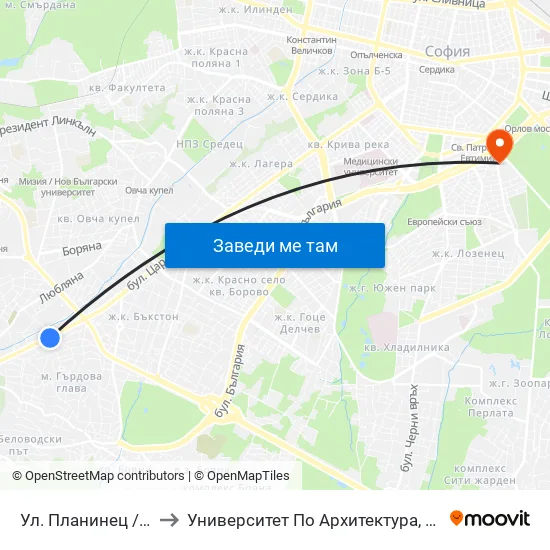 Ул. Планинец / Planinets St. (2104) to Университет По Архитектура, Строителство И Геодезия - Ректорат map