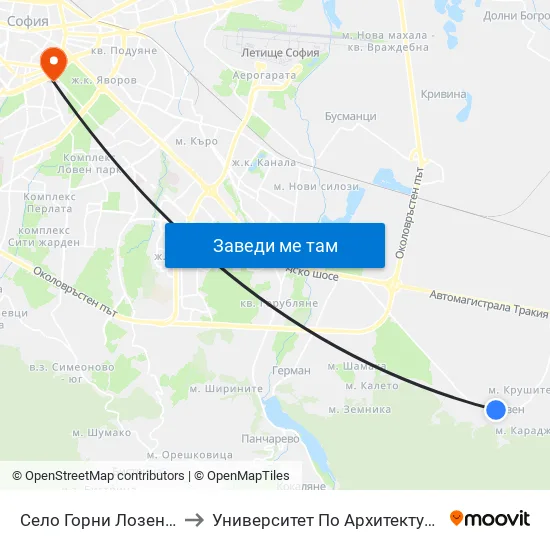 Село Горни Лозен / Gorni Lozen Village (1523) to Университет По Архитектура, Строителство И Геодезия - Ректорат map