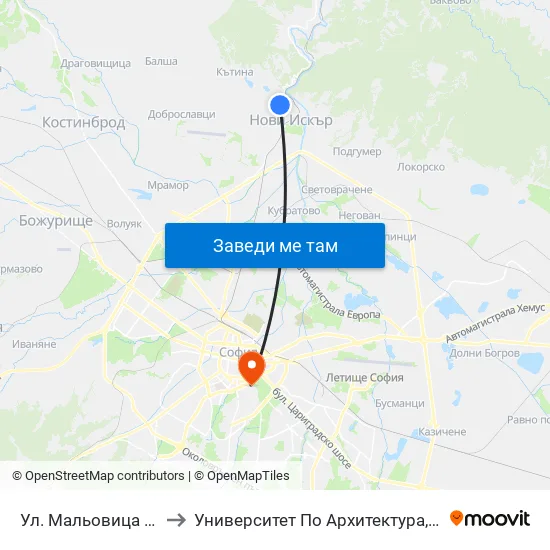 👋 Ул. Мальовица / Malyovitsa St. (2539) to Университет По Архитектура, Строителство И Геодезия - Ректорат map