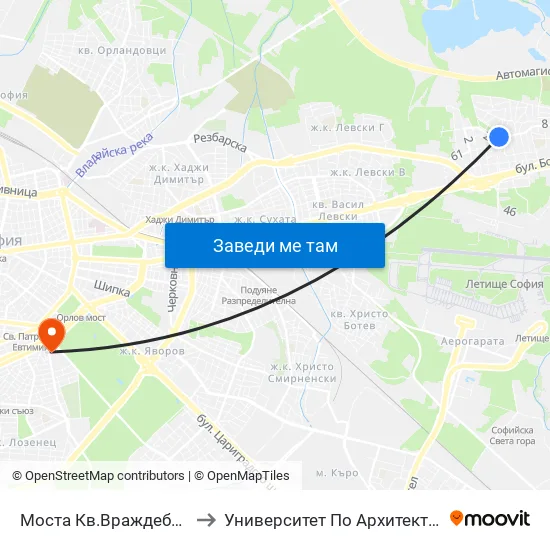 Моста Кв.Враждебна / Vrazhdebna Qr. Bridge (1093) to Университет По Архитектура, Строителство И Геодезия - Ректорат map