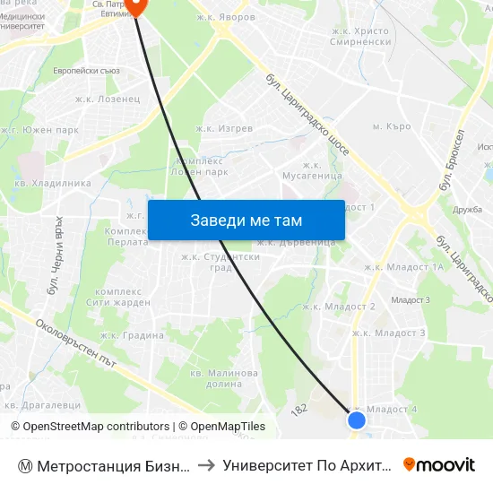Ⓜ️ Метростанция Бизнес Парк / Business Park Metro Station (2491) to Университет По Архитектура, Строителство И Геодезия - Ректорат map