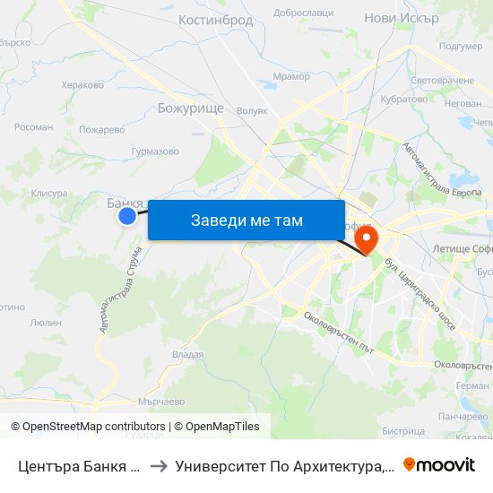 Центъра Банкя / Bankya Centre (0502) to Университет По Архитектура, Строителство И Геодезия - Ректорат map